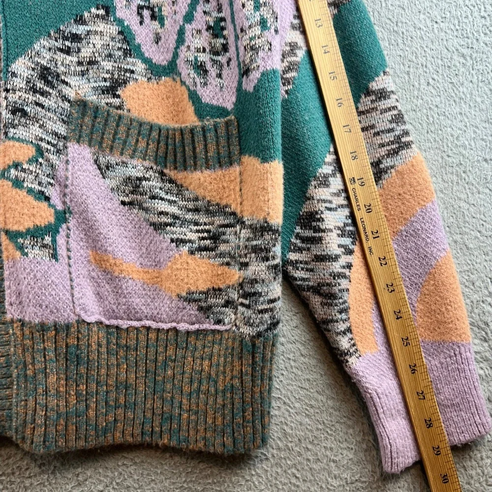 Free People August Floral Intarsia Oversized Cardigan Lavender Teal Peach Large